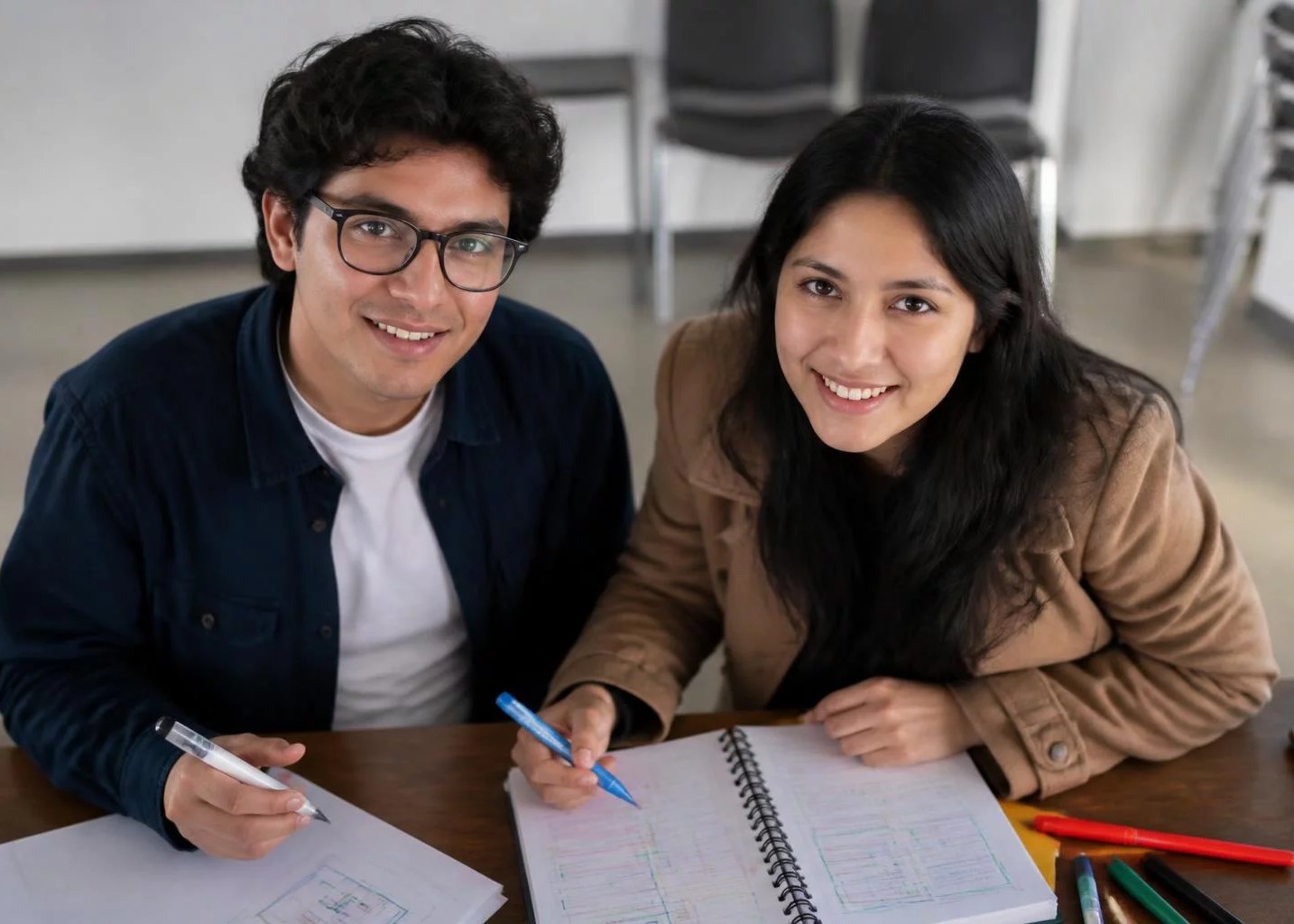 Dos personas preparando la ronda con cuadernos y plumones de colores
