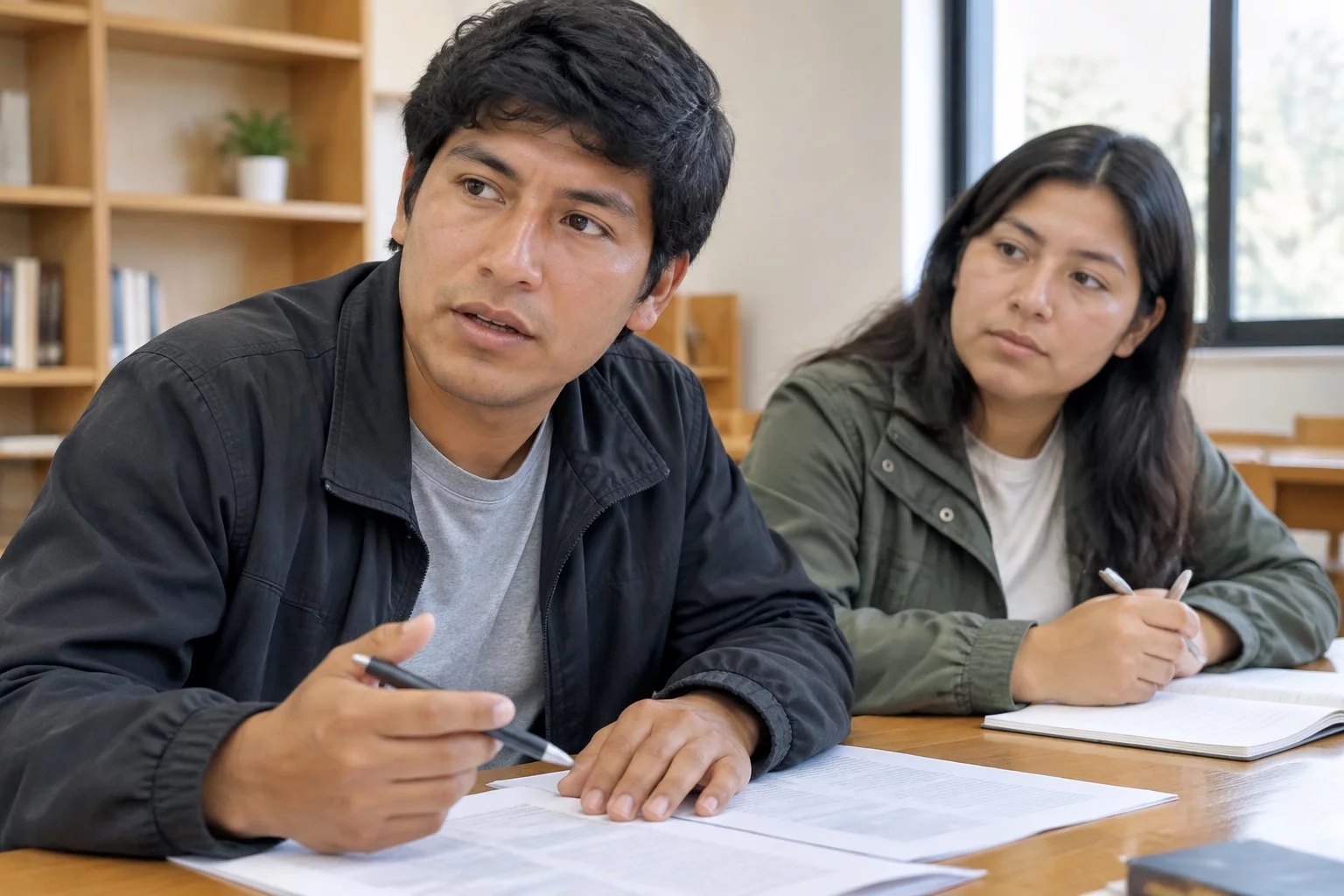 Dos adultos en una mesa de trabajo cubierta de apuntes impresos