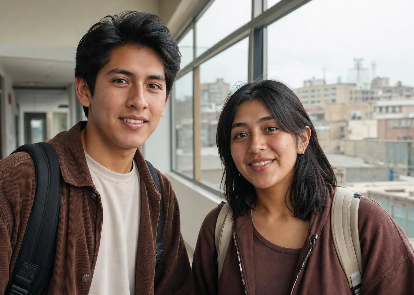 Dos estudiantes con mochila conversando en un pasillo universitario