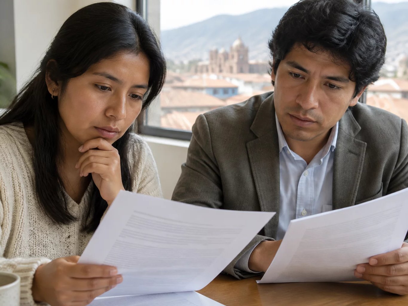 Dos personas leyendo hojas de argumento impresas en la mesa