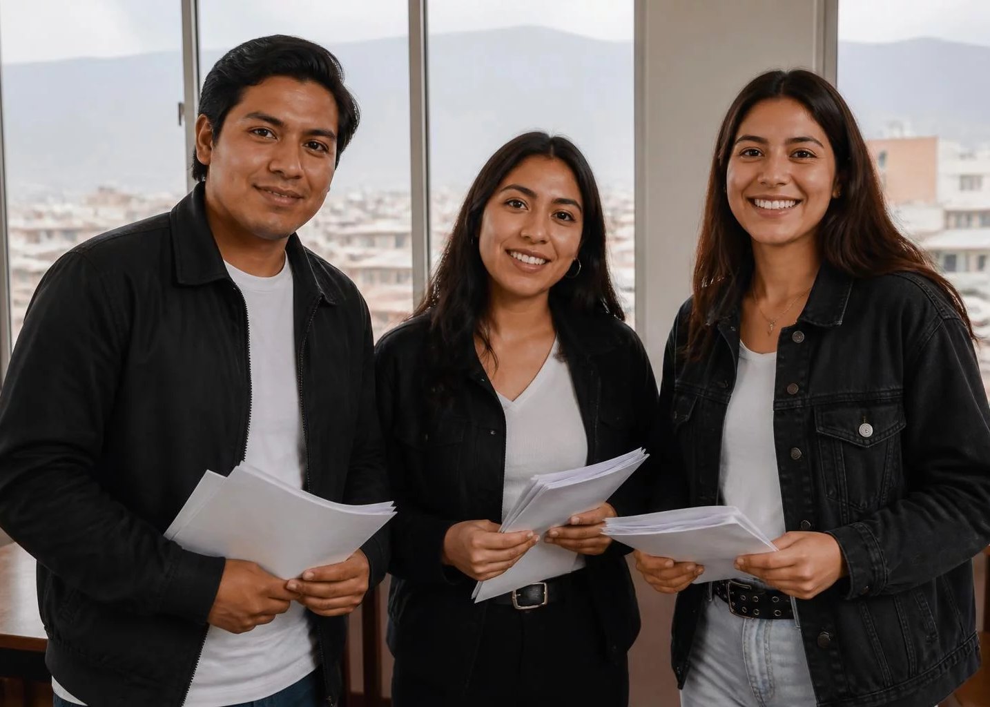 Tres adultos sonriendo al terminar una ronda, con las hojas en la mano